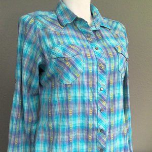 Southern Thread Western Pearl Snap Button Up Long Sleeve Teal Women's XXL